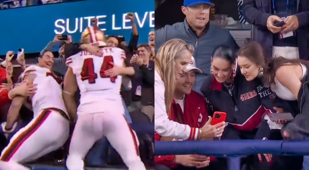 Photos of George Kittle and Kyle Juszczyk celebrating a TD with their wives