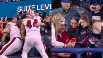 Photos of George Kittle and Kyle Juszczyk celebrating a TD with their wives