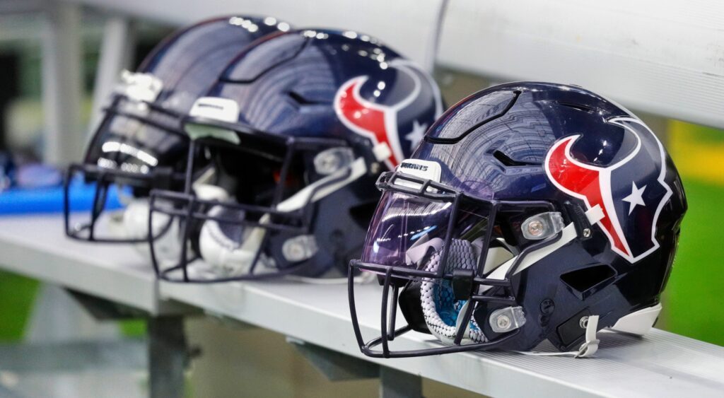 Houston Texans helmets shown on sidelines. Mario Edwards Jr. has been suspended by the league.