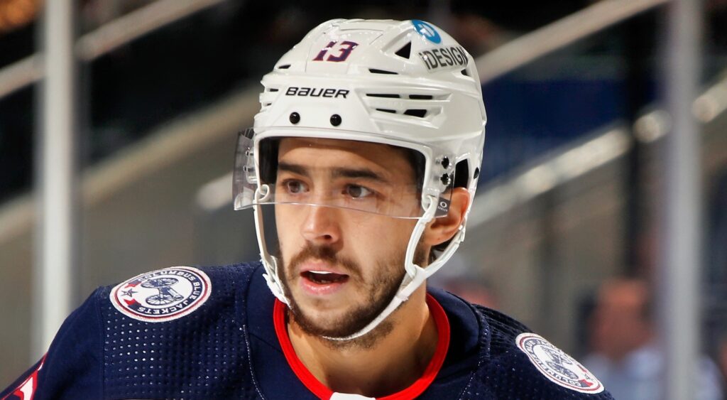 Johnny Gaudreau of Columbus Blue Jackets looking on during game.