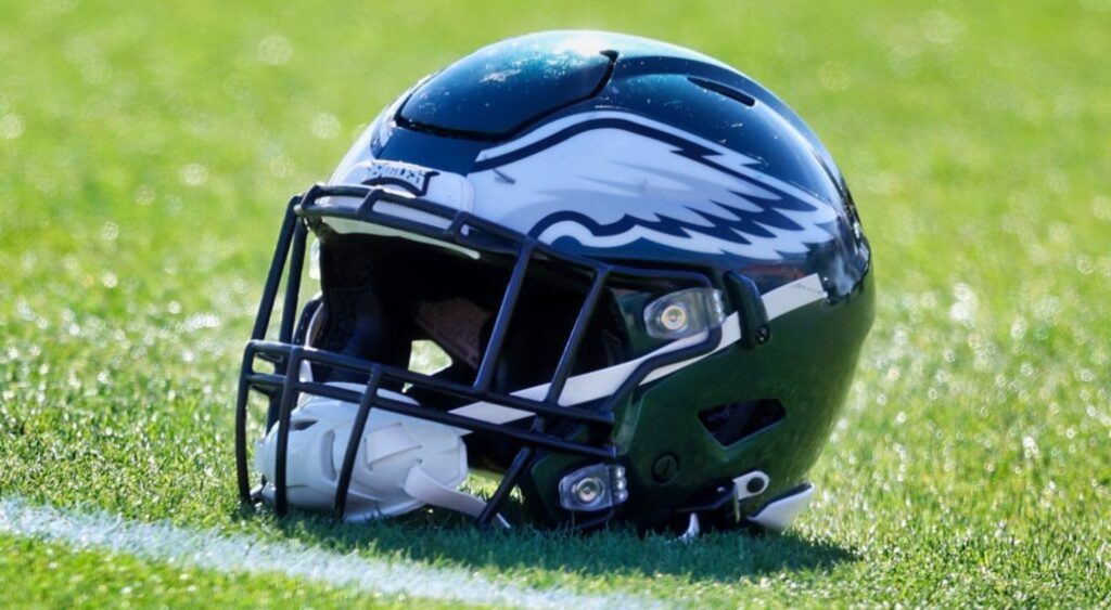 Philadelphia Eagles helmet shown on field. The team released linebacker Devin White in a surprise move.