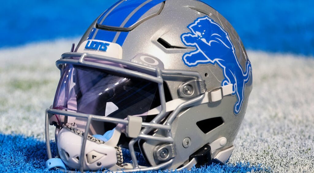 Detroit Lions helmet on the field.