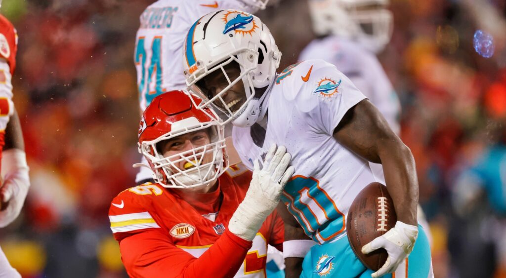 Tyeek Hill of Miami Dolphins reacts during game.