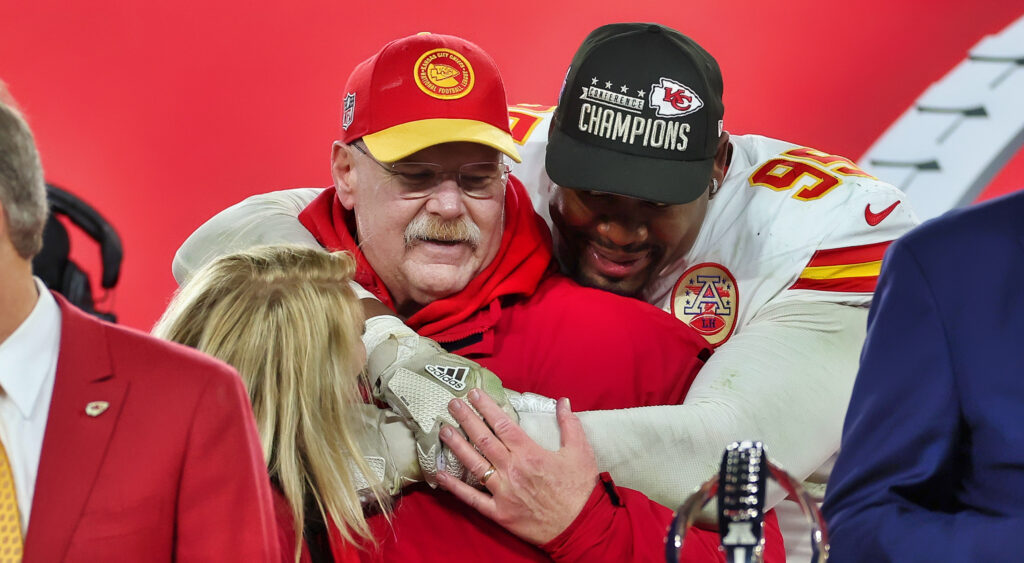 Andy Reid and Chris Jones celebrating AFC Championship win