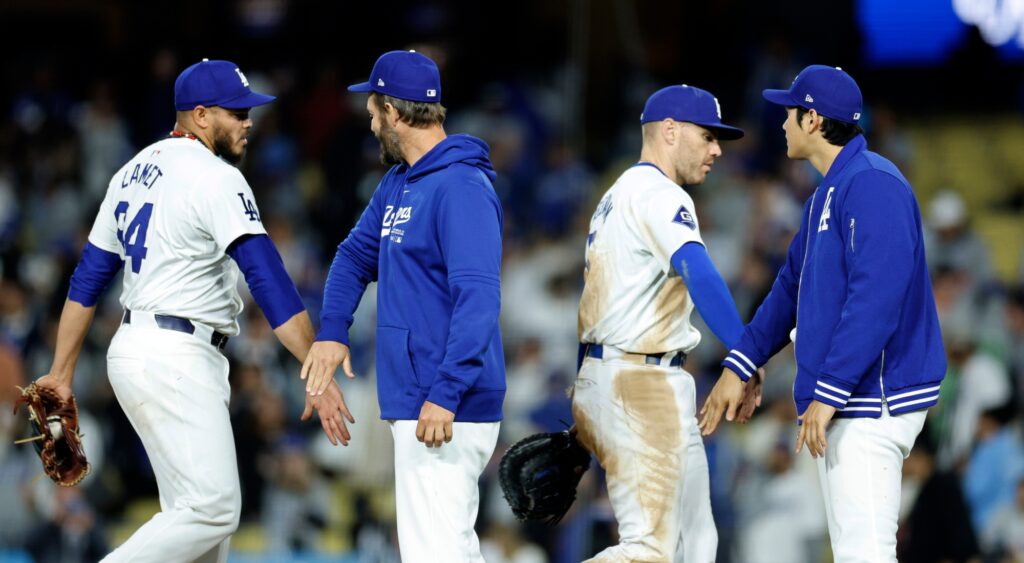  Dinelson Lamet, Clayton Kershaw, Freddie Freeman and Shohei Ohtani react after win.