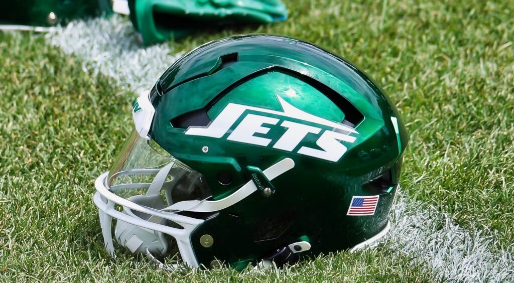 New York Jets helmet on the field.