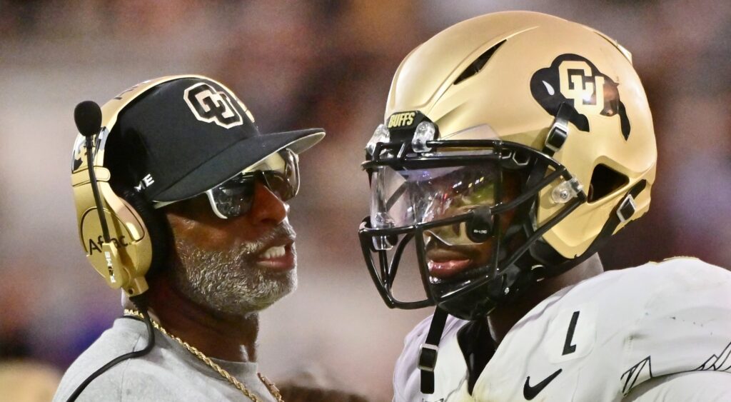 Deion Sanders speaking to Shedeur Sanders.