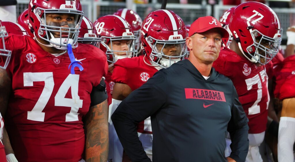 Alabama Crimson Tide head coach Kalen DeBoer and his players.