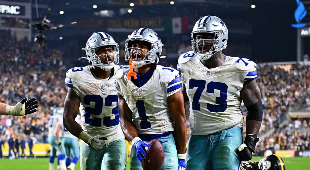 Jalen Tolbert celebrating a touchdown for Dallas Cowboys.