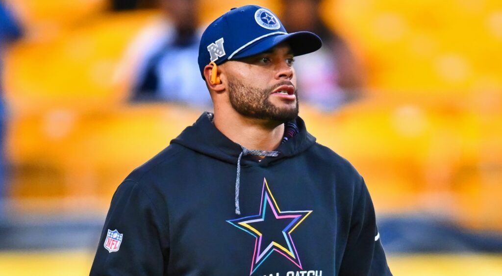 Dak Prescott looks on during pregame warmups.