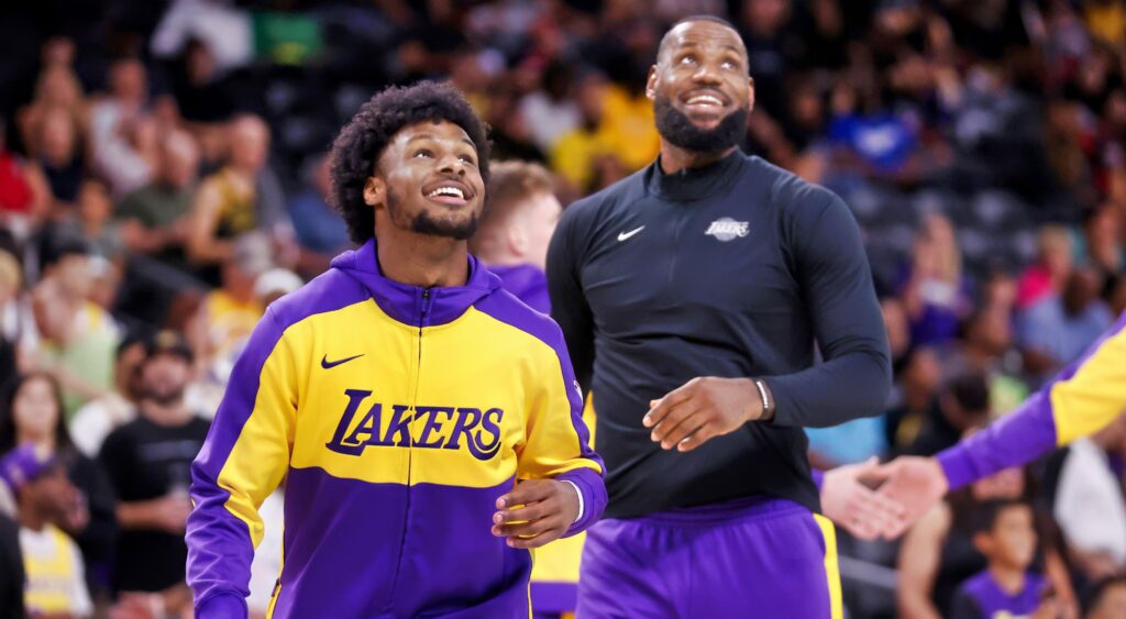 Los Angeles Lakers' Bronny & LeBron James warm up before a game.