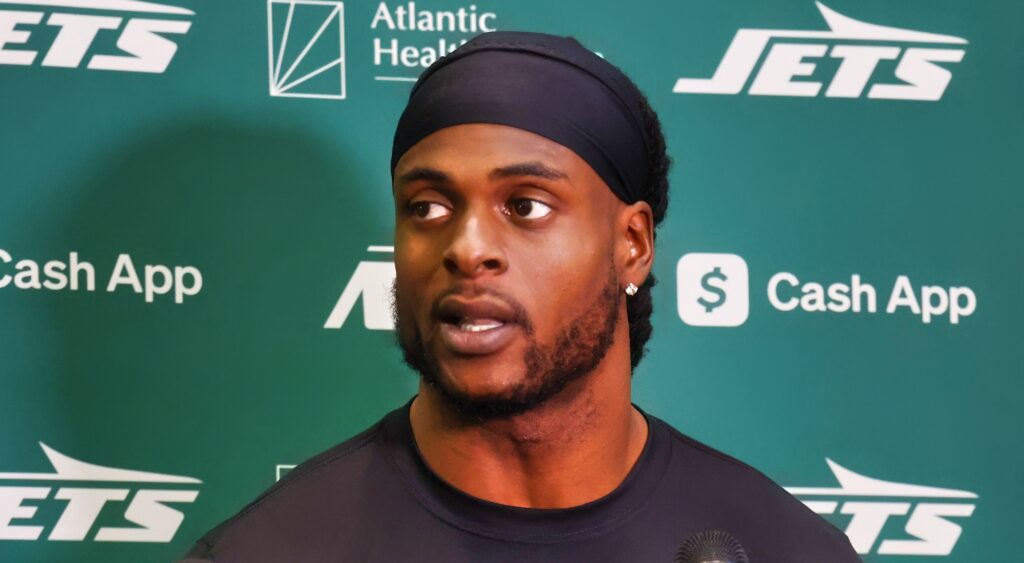 Davante Adams of New York Jets speaking to reporters.