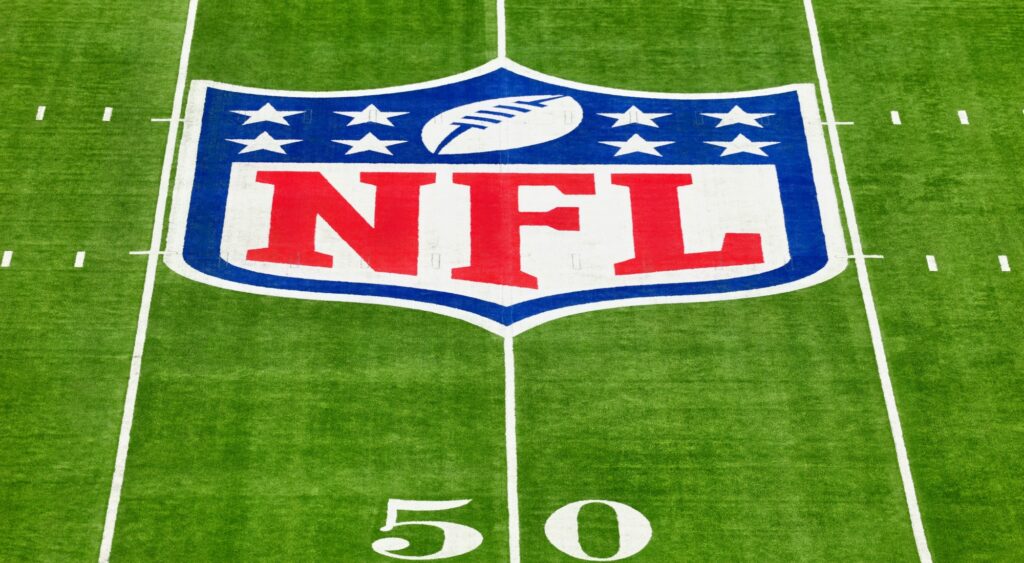 NFL logo shown on field. The league has announced a change for the Week 8 NFL schedule.