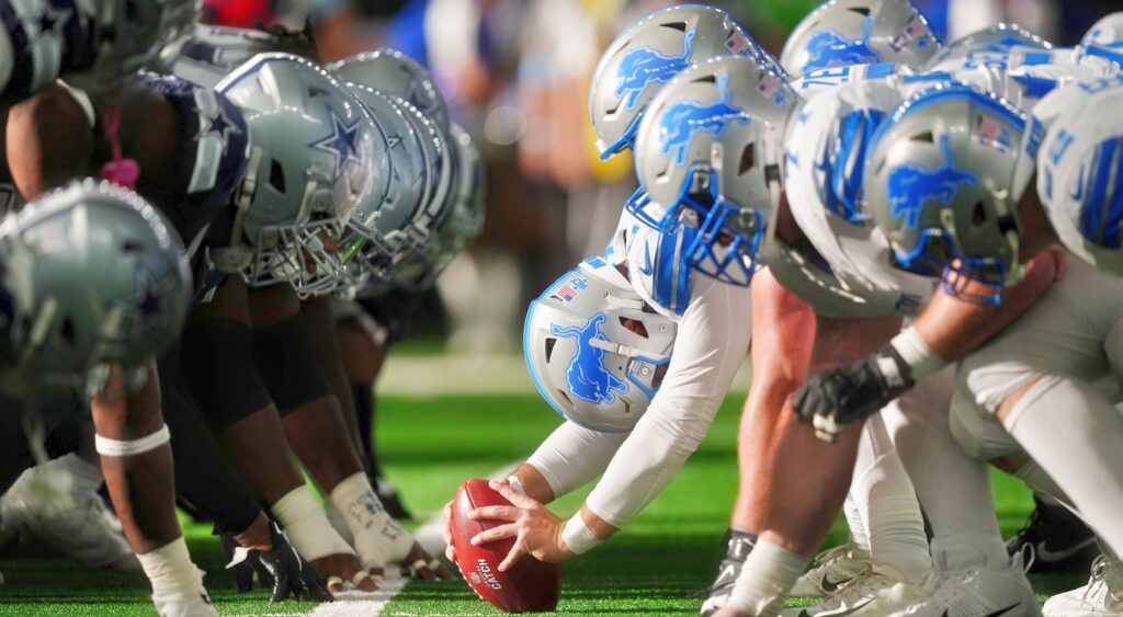 Dallas Cowboys defense lines up against the Detroit Lions.