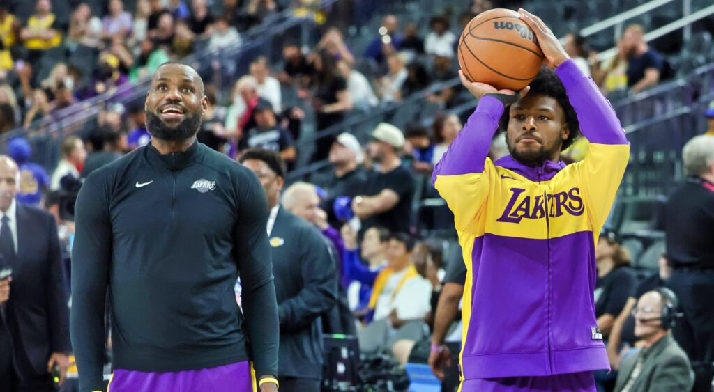 Bronny James shooting a basketball