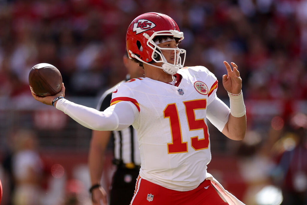 Patrick Mahomes throwing a football