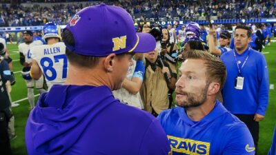 Rams' Sean McVay and Vikings' Kevin O'Connell greeting each other