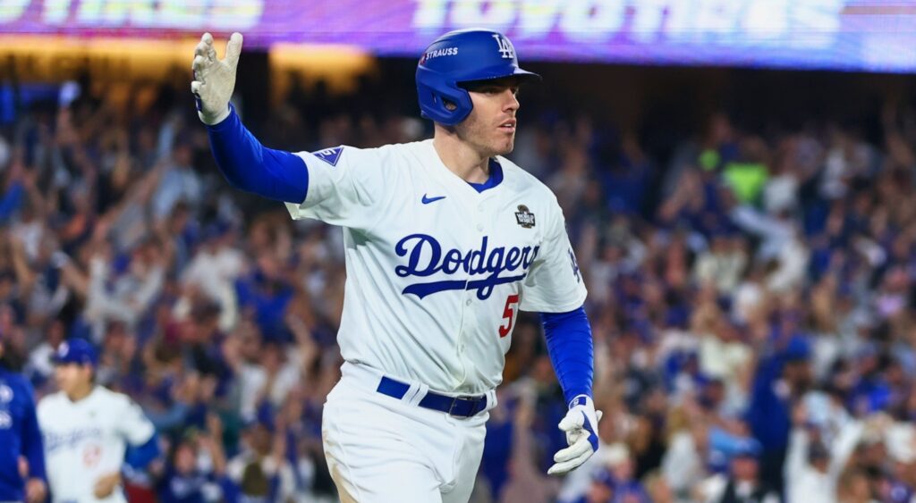 Freddie Freeman of Los Angeles Dodgers reacts after hitting grand slam.