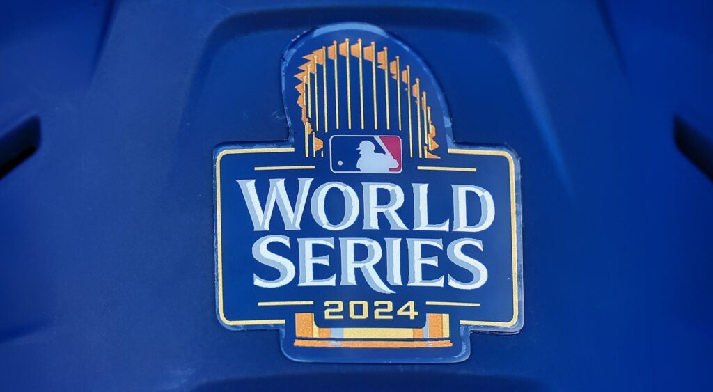 2024 World Series logo shown on Los Angeles Dodgers helmet.