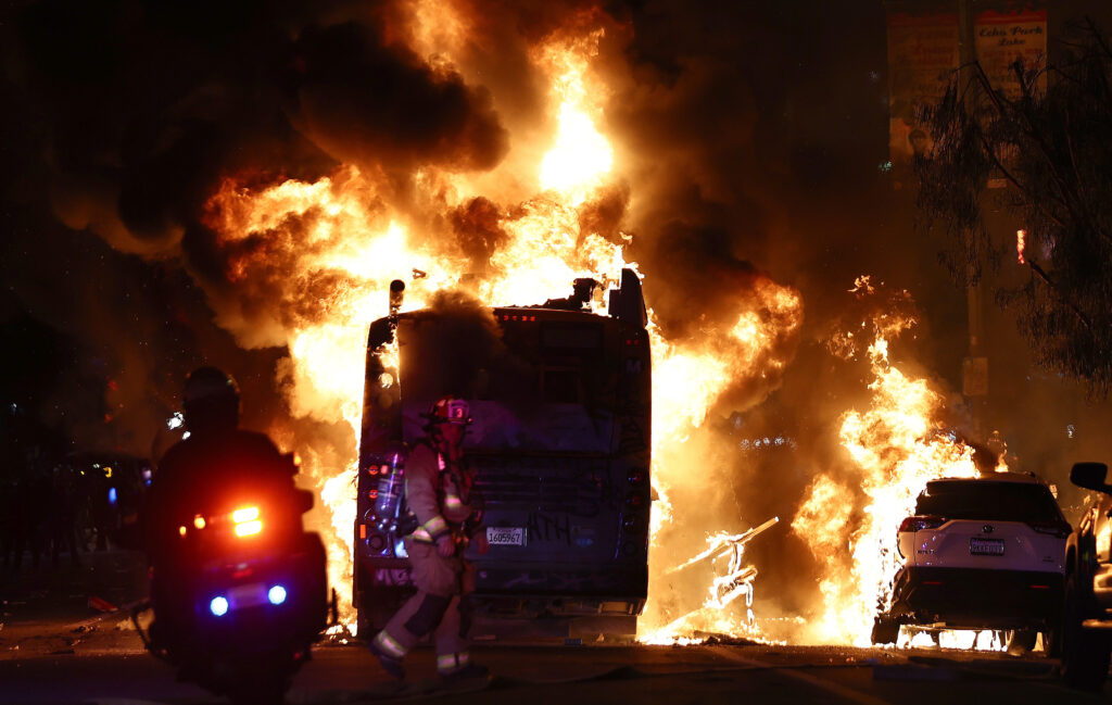 Los Angeles fans set bus on fire