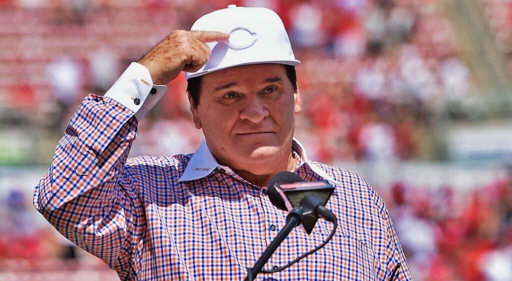 Pete Rose giving a speech.