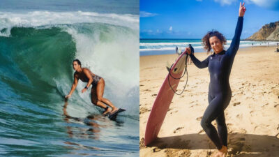 Photos of Giulia Manfrini surfing and holding surfboard