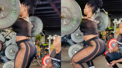 Photos of woman squatting in front of instructor