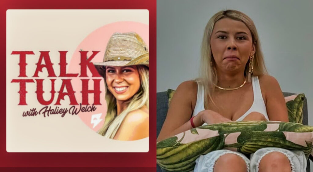 Talk Tuah graphic (left), Haliey Welch frowning (right)