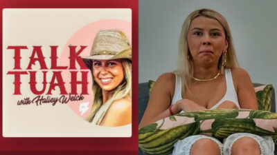 Talk Tuah graphic (left), Haliey Welch frowning (right)