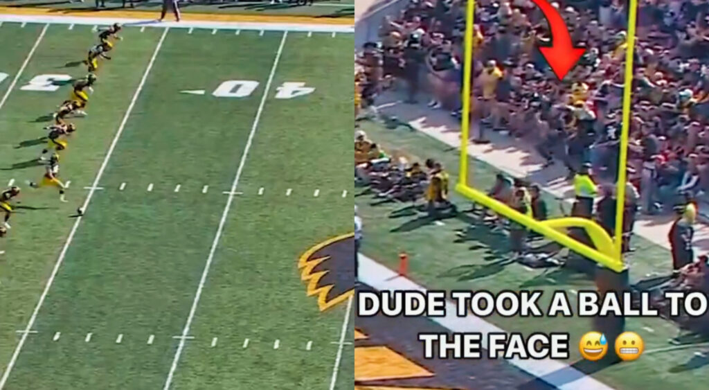 Photos of Iowa kicking football and fan getting hit in the face behind the end zone