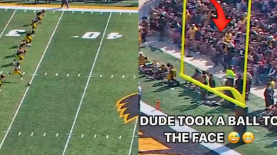 Photos of Iowa kicking football and fan getting hit in the face behind the end zone