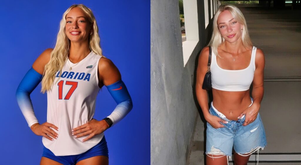 Isabel Martin posing in Gators uniform and regular clothes