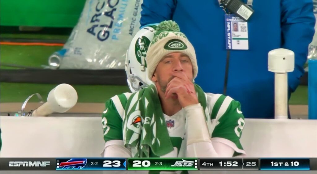 Aaron Rodgers on the bench during Monday Night Football.