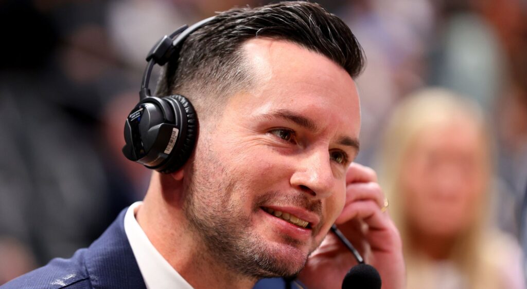 JJ Redick announces the game between the Los Angeles Lakers and the Denver Nuggets at Ball Arena