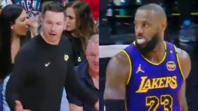 JJ Redick shouts at LeBron James and the Lakers team