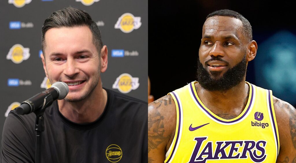 Head coach JJ Redick of the Los Angeles Lakers supports LeBron James of the Los Angeles Lakers