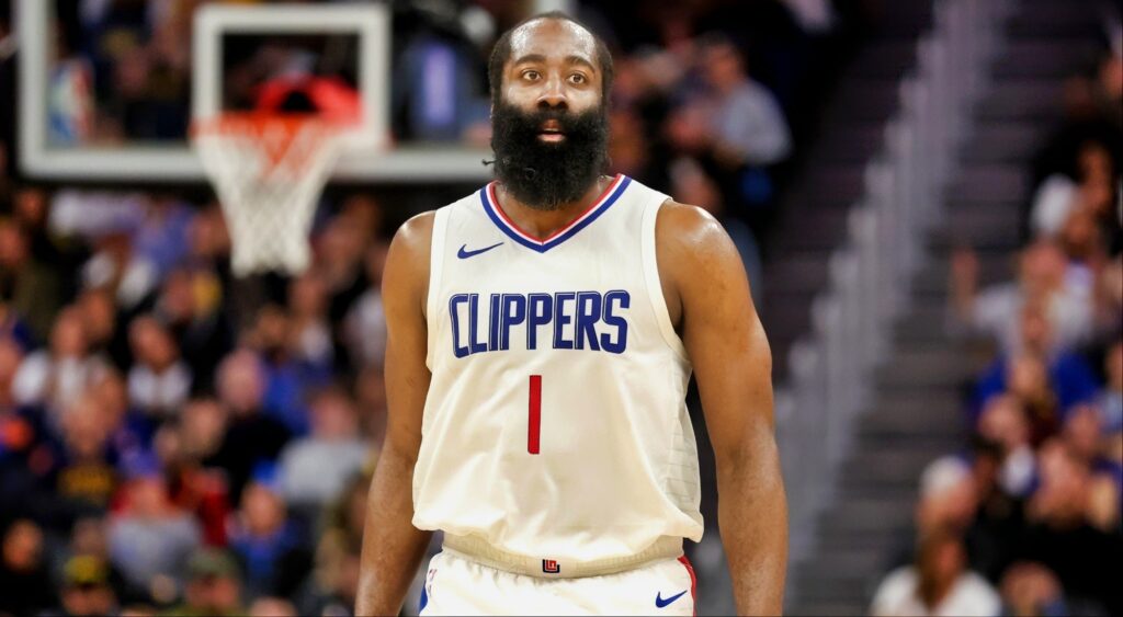 James Harden of the LA Clippers stands on the court.