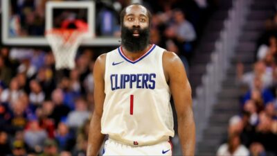 James Harden of the LA Clippers stands on the court.