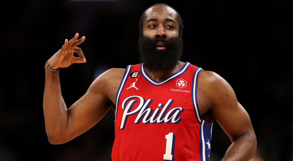 James Harden of the Philadelphia 76ers celebrates after hitting a three point shot against the Boston Celtics