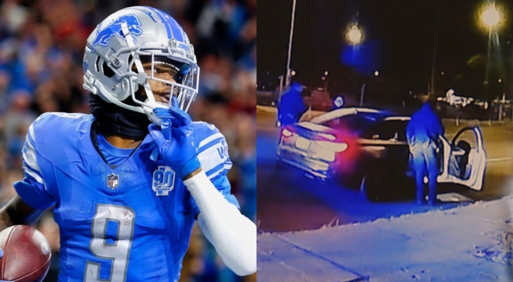 Jameson Williams looks on during a game and police at Jameson Williams' car during a stop.