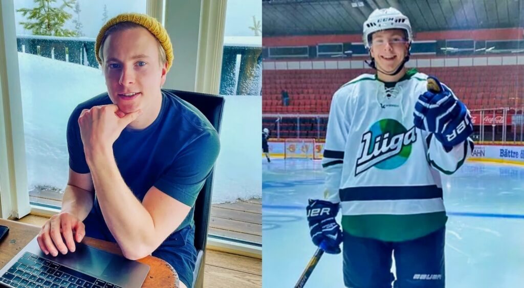 Janne Puhakka sitting at table and in hockey gear