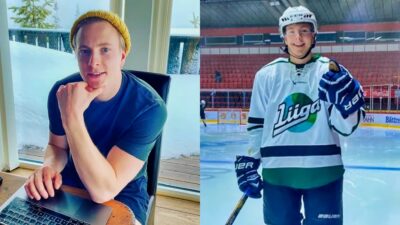 Janne Puhakka sitting at table and in hockey gear