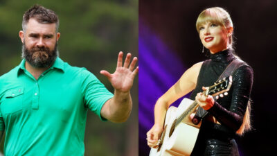 Photos of Jason Kelce and Taylor Swift for article on Kelce falling asleep at concert