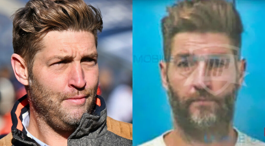 Photo of Jay Cutler in bears jacket and photo of Jay Cutler mugshot