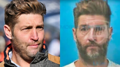 Photo of Jay Cutler in bears jacket and photo of Jay Cutler mugshot