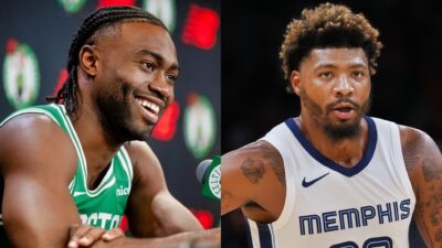 Jaylen Brown teases Marcus Smart about using Ozempic.