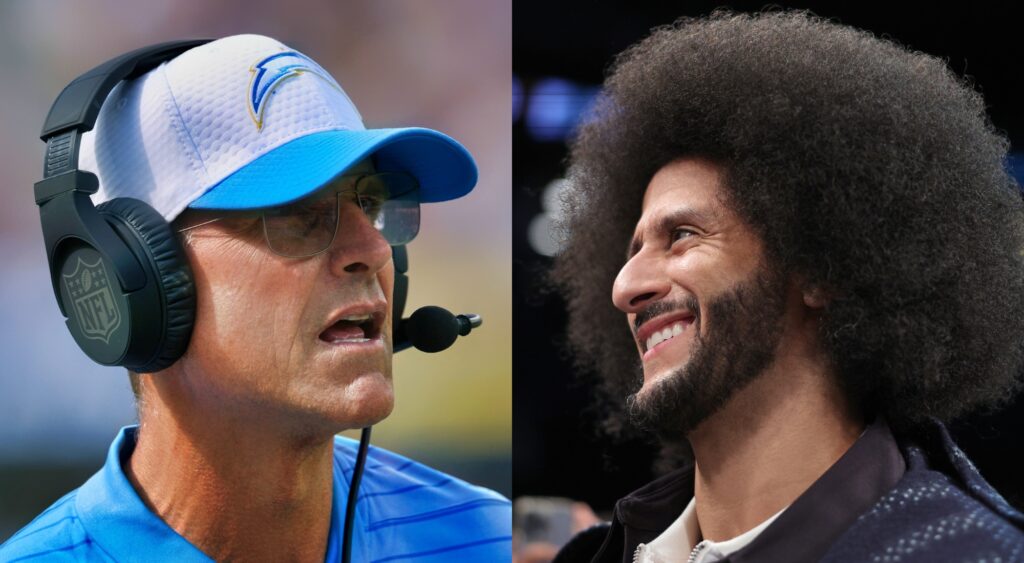 Jim Harbaugh looks on during a game and Colin Kaepernick watches a game.