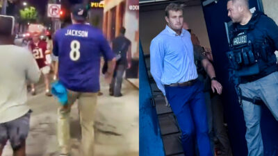 Photo of John Callis in Ravens jersey and photo of John Callis handcuffed