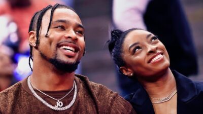 Simone Biles and Jonathan Owens attend a game between the Houston Rockets and the Los Angeles Lakers at Toyota Center on January 29, 2024 in Houston, Texas