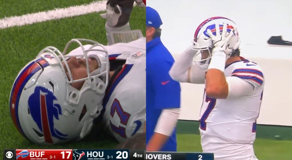 Josh Allen on the ground and holding his head.